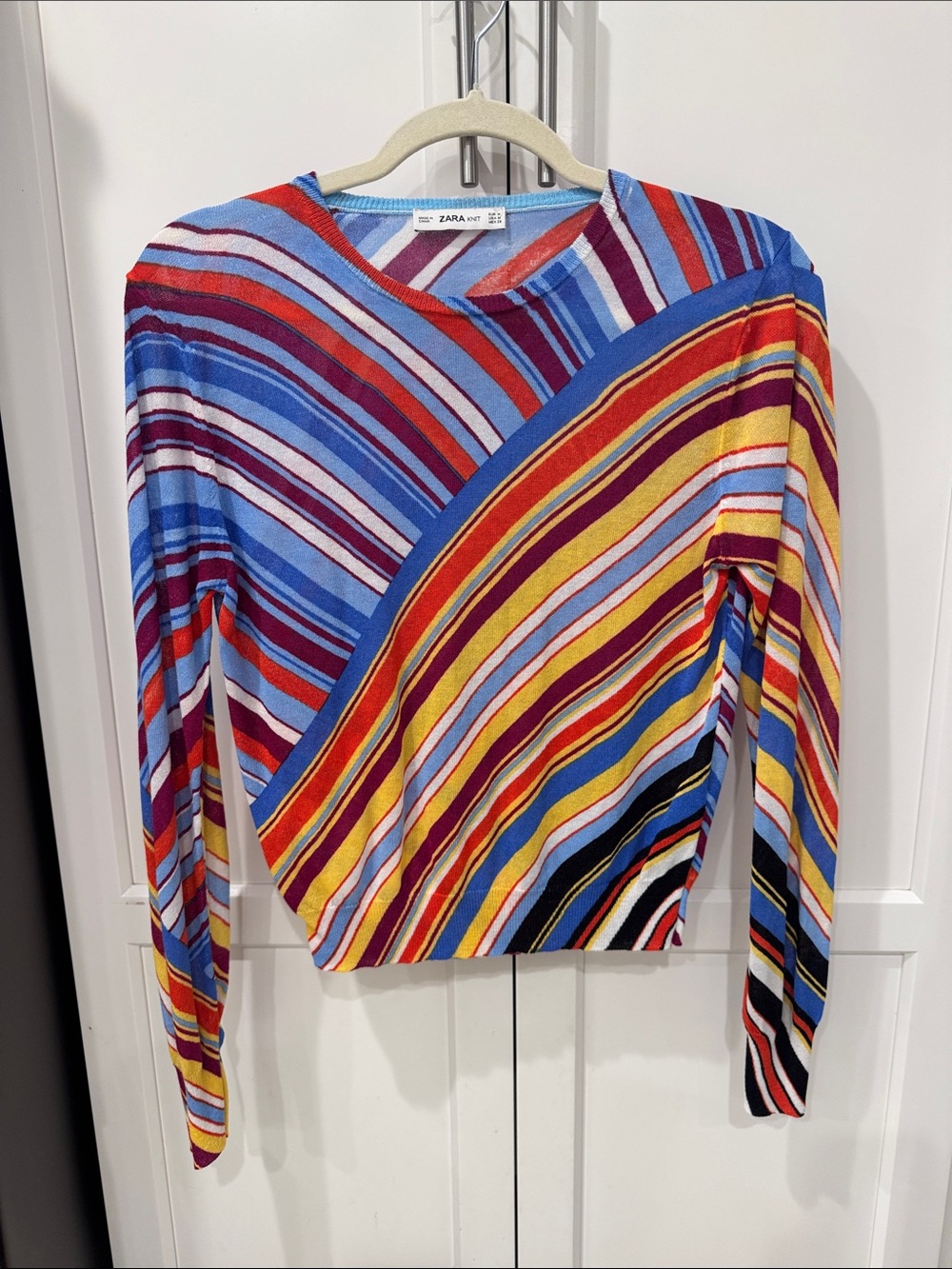 ZARA Multicolor Diagonal Stripe Long-Sleeve Top - Blue, Red, Yellow, Purple